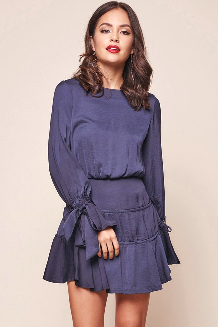 Amira Open Back Wrist Tie Fit and Flare Dress Navy by Selfie Leslie