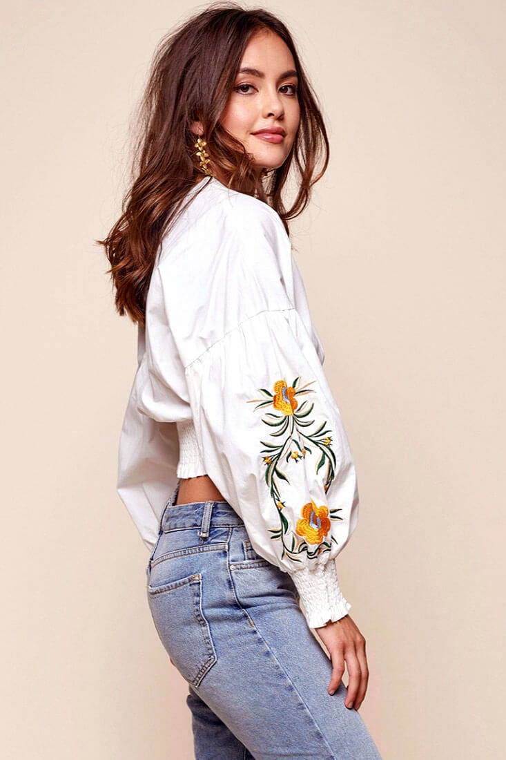 Halle Floral Puff Sleeved Cropped Top White by Selfie Leslie