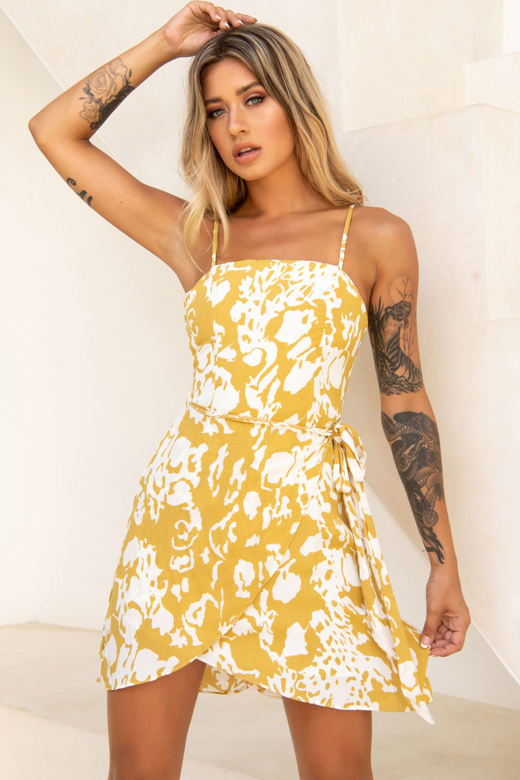 Wattle Cami Strap Wrap Dress Printed Mustard by Selfie Leslie