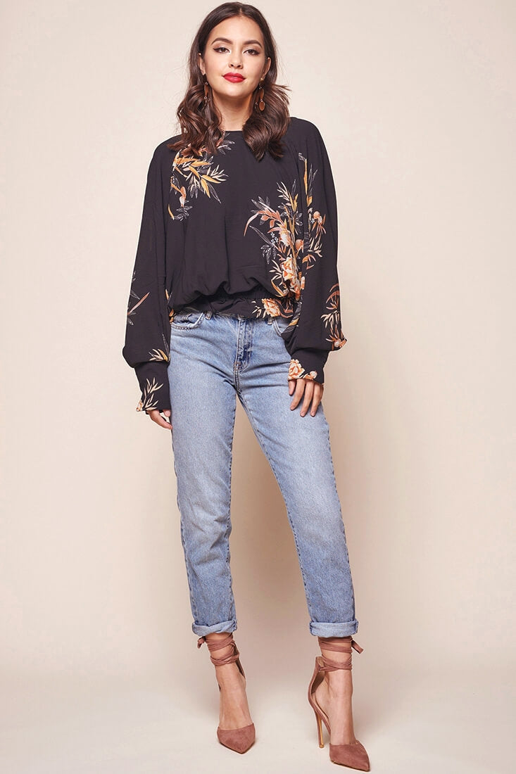 Alejandra Floral Print Bat Sleeve Top Black by Selfie Leslie