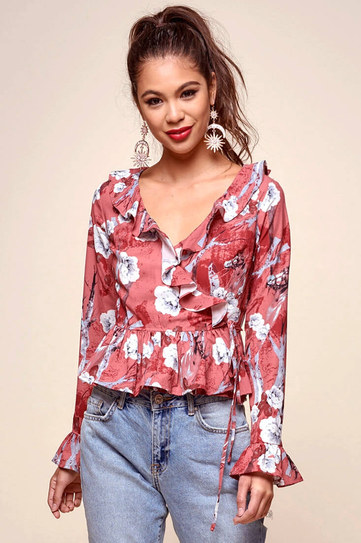 Bellamy Ruffled Bell Sleeve Floral Top Red by Selfie Leslie