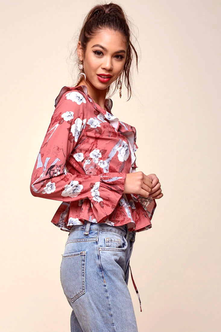 Bellamy Ruffled Bell Sleeve Floral Top Red by Selfie Leslie
