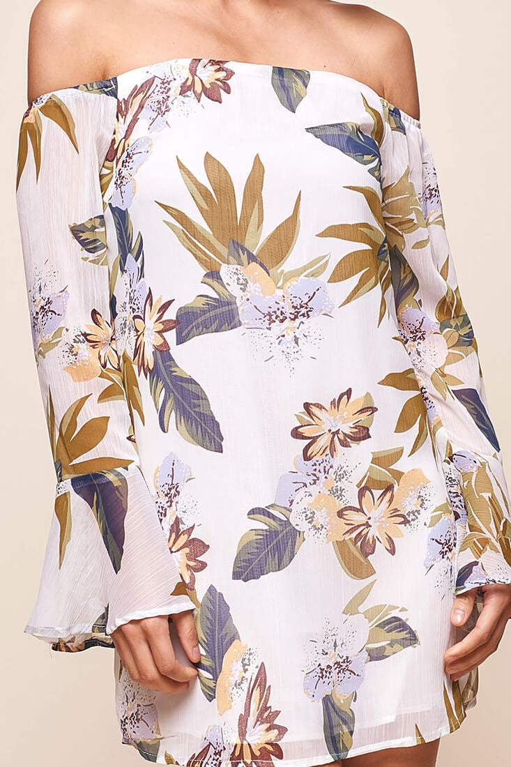Fernanda Bardot Neckline Floral Print Dress White by Selfie Leslie
