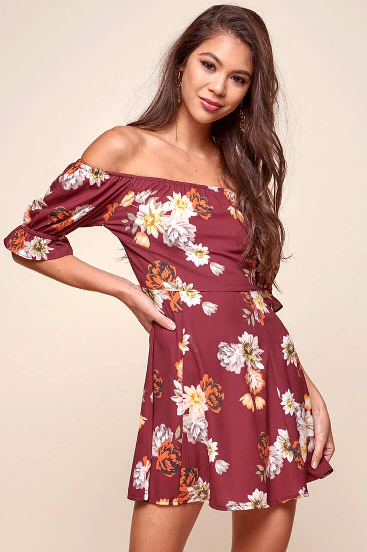Hera Off the Shoulder Fit and Flare Floral Dress Red by Selfie Leslie