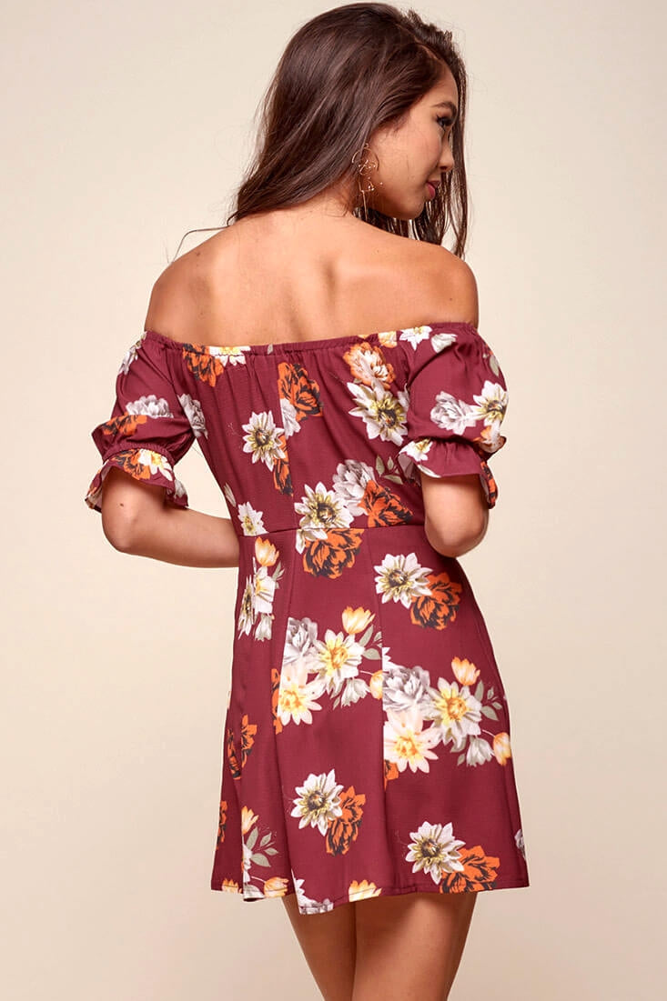 Hera Off the Shoulder Fit and Flare Floral Dress Red by Selfie Leslie