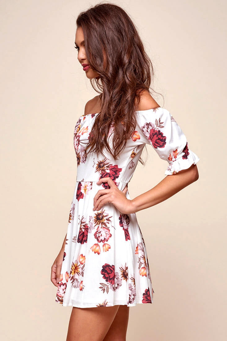 Hera Off the Shoulder Fit and Flare Floral Dress White by Selfie Leslie