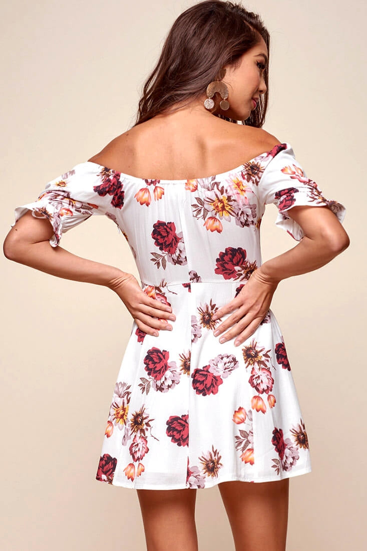 Hera Off the Shoulder Fit and Flare Floral Dress White by Selfie Leslie