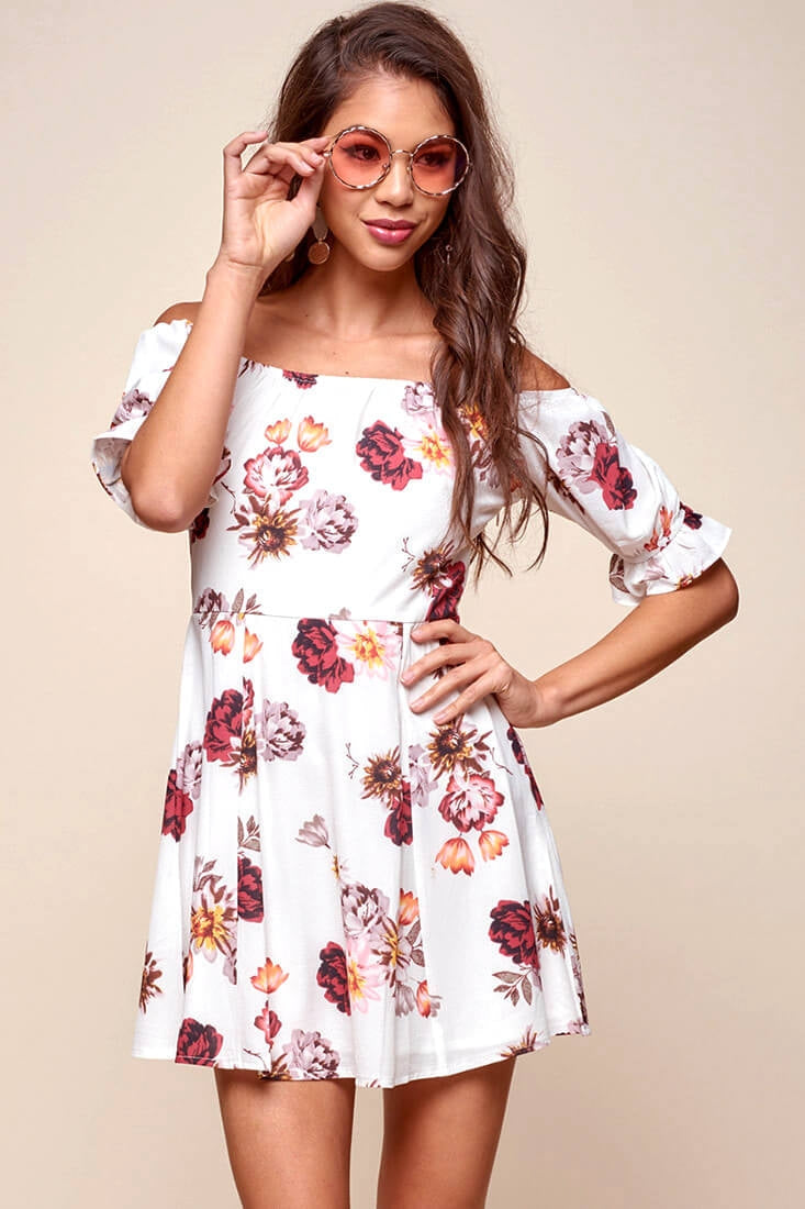 Hera Off the Shoulder Fit and Flare Floral Dress White by Selfie Leslie