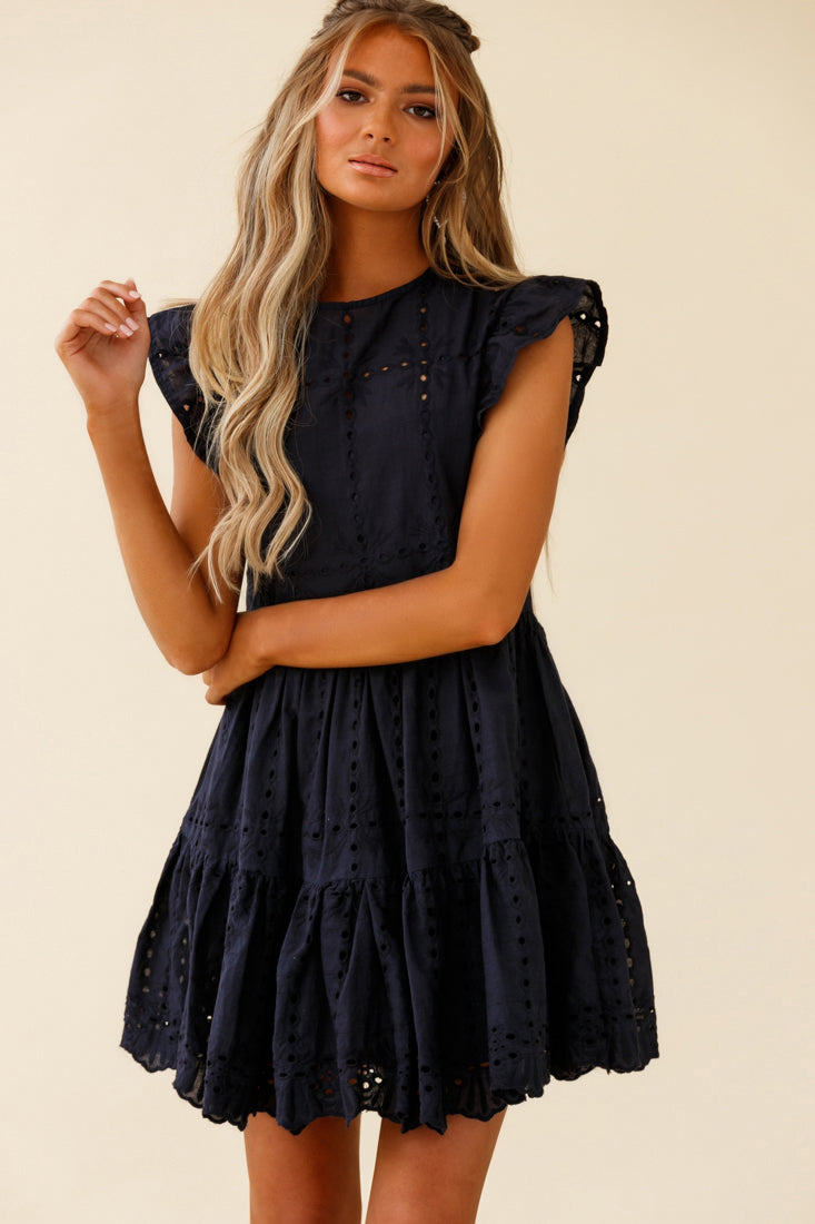 Louise Cap Sleeve Eyelet Embroidery Dress Navy by Selfie Leslie