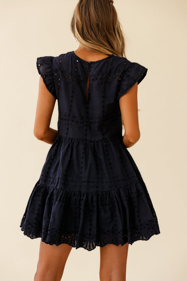 Louise Cap Sleeve Eyelet Embroidery Dress Navy by Selfie Leslie