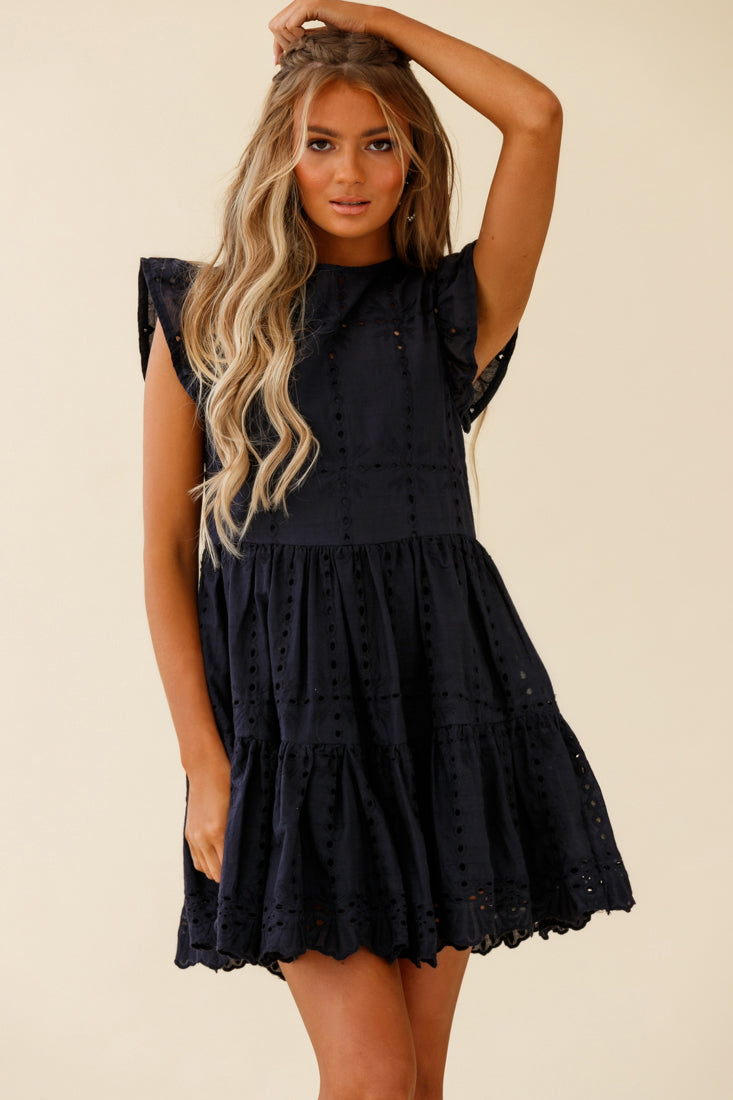 Louise Cap Sleeve Eyelet Embroidery Dress Navy by Selfie Leslie