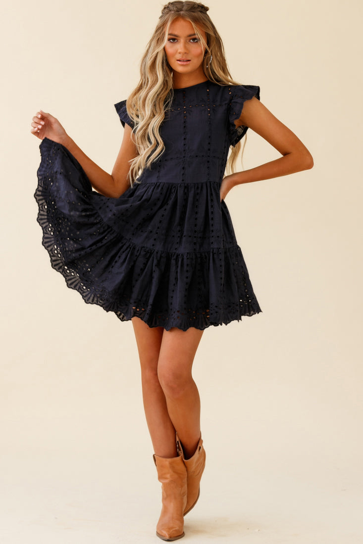 Louise Cap Sleeve Eyelet Embroidery Dress Navy by Selfie Leslie