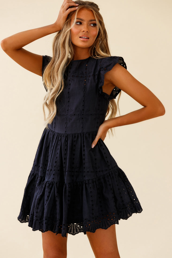 Louise Cap Sleeve Eyelet Embroidery Dress Navy by Selfie Leslie