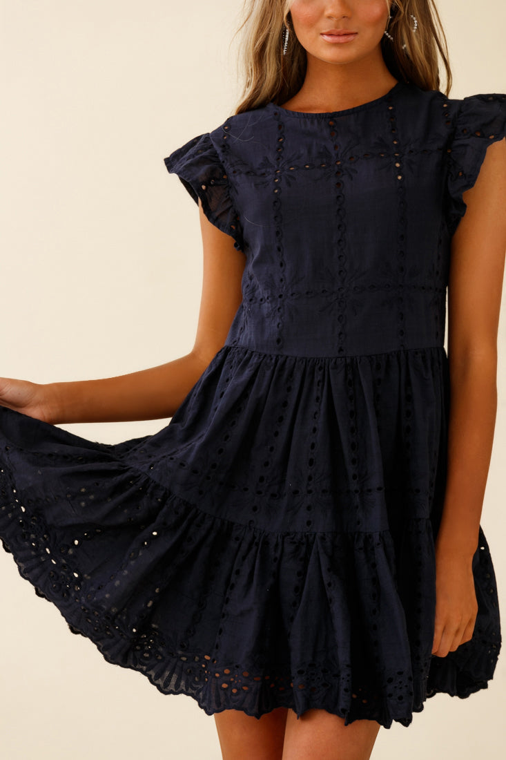 Louise Cap Sleeve Eyelet Embroidery Dress Navy by Selfie Leslie
