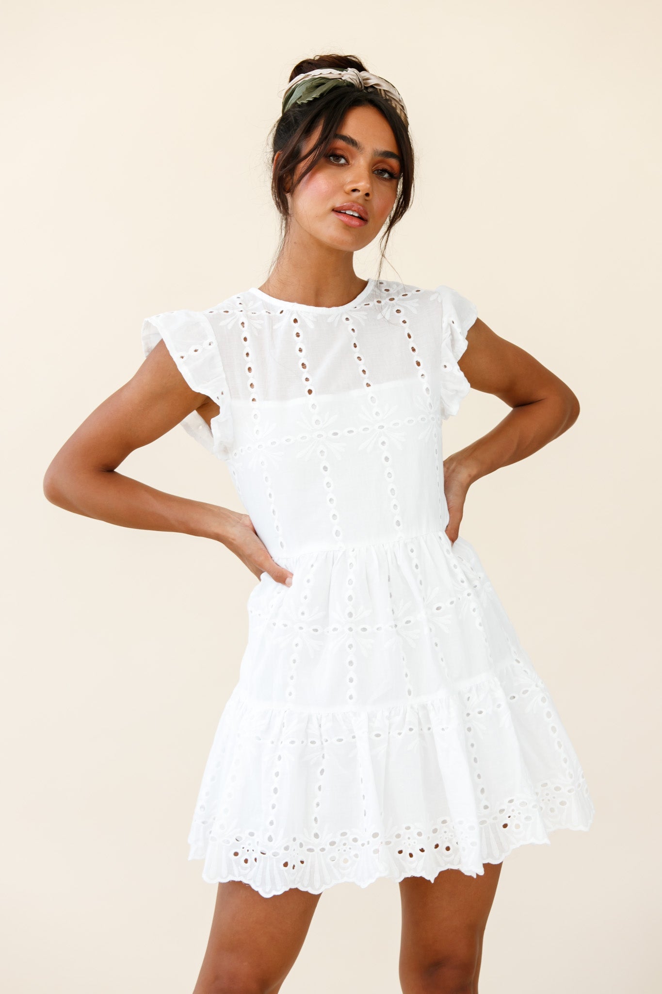 Louise Cap Sleeve Eyelet Embroidery Dress White by Selfie Leslie