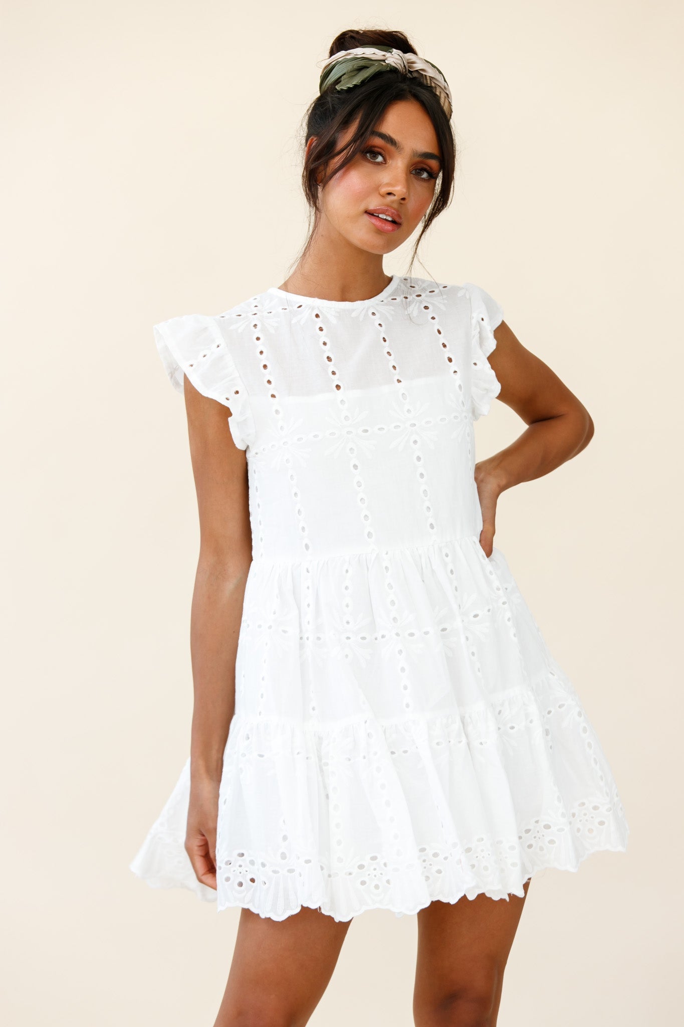 Louise Cap Sleeve Eyelet Embroidery Dress White by Selfie Leslie