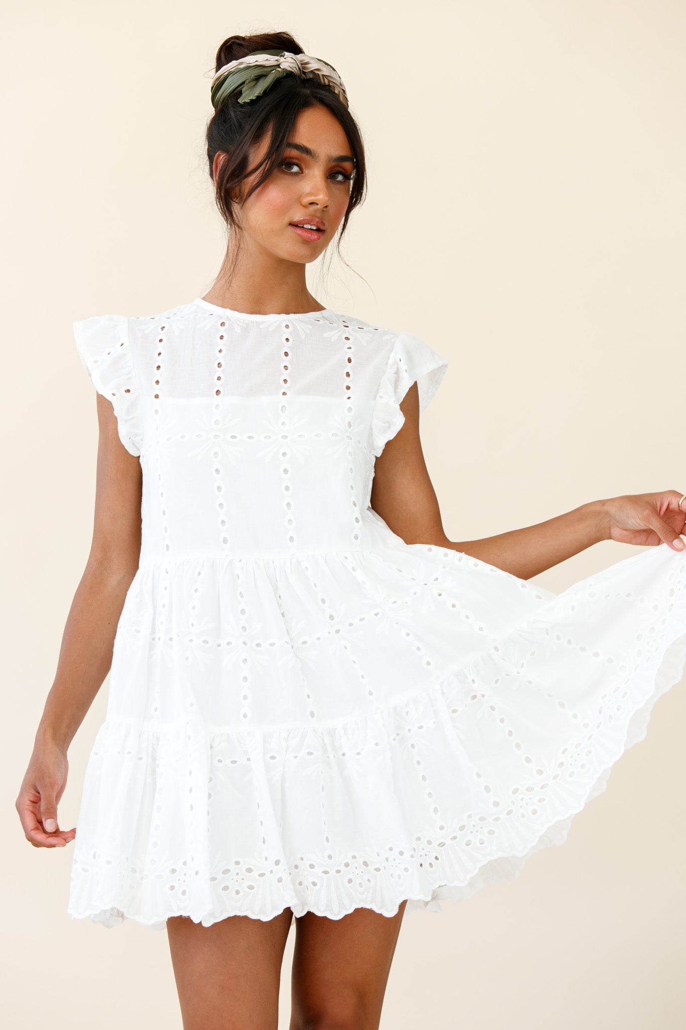 Louise Cap Sleeve Eyelet Embroidery Dress White by Selfie Leslie