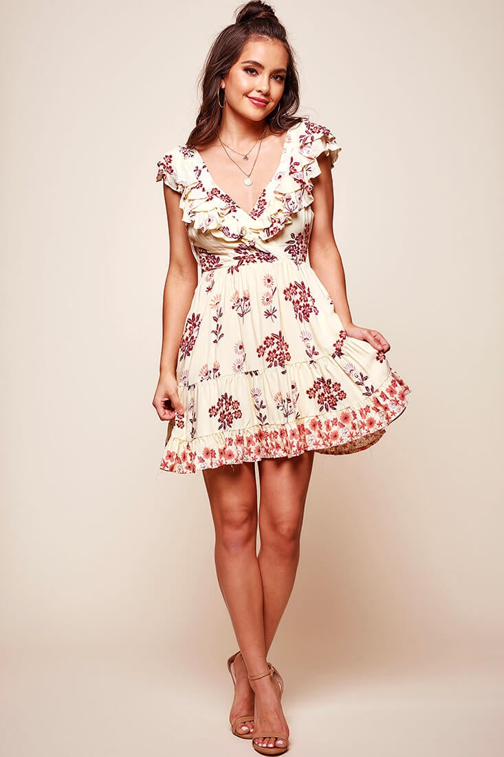 Flora Ruffle V-front Babydoll Dress Beige by Selfie Leslie
