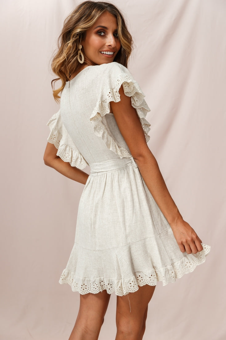 Taya Ruffle Shoulder Waist Tie Dress Beige by Selfie Leslie