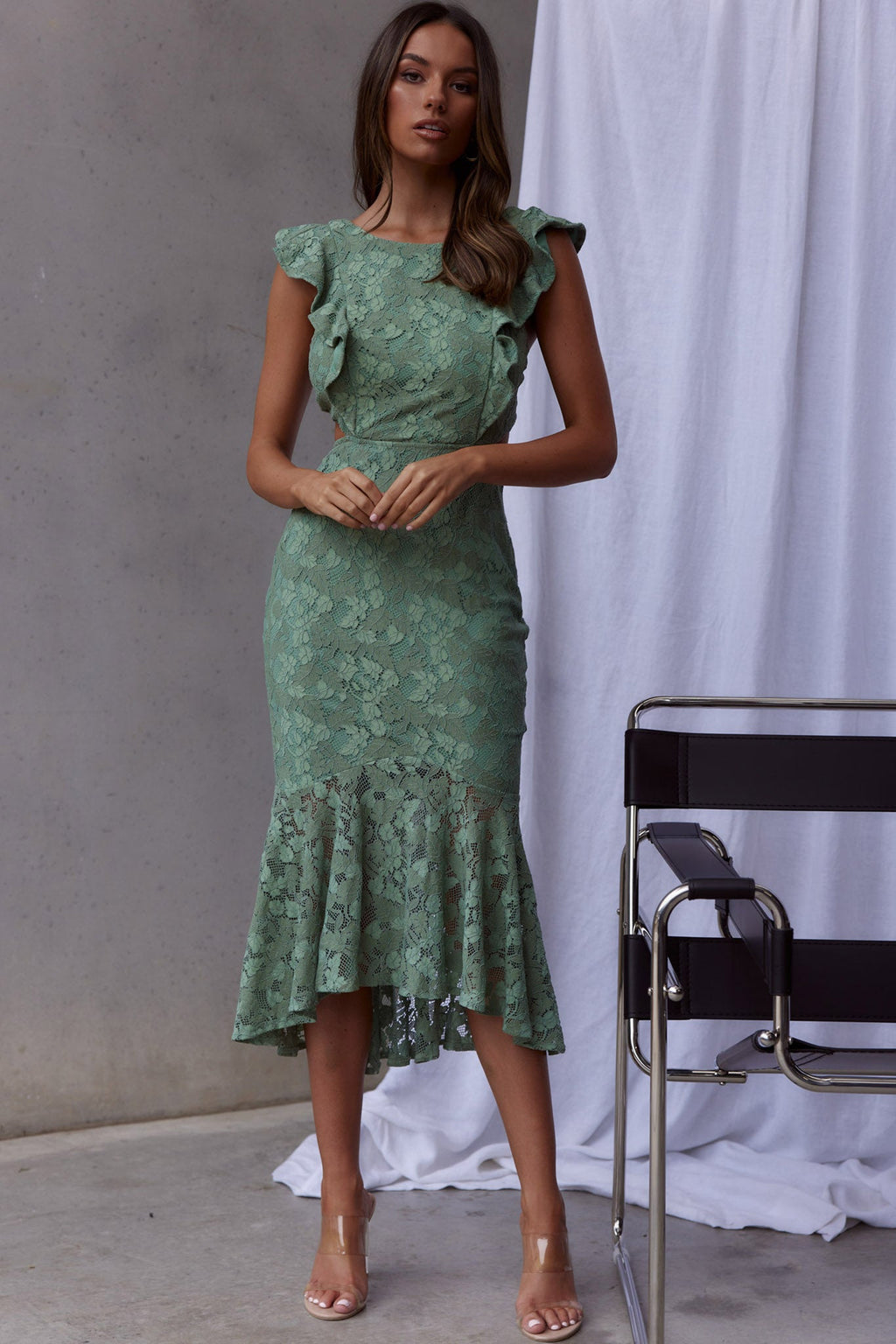 Jackie Pinafore Floral Lace Dress Avocado by Selfie Leslie