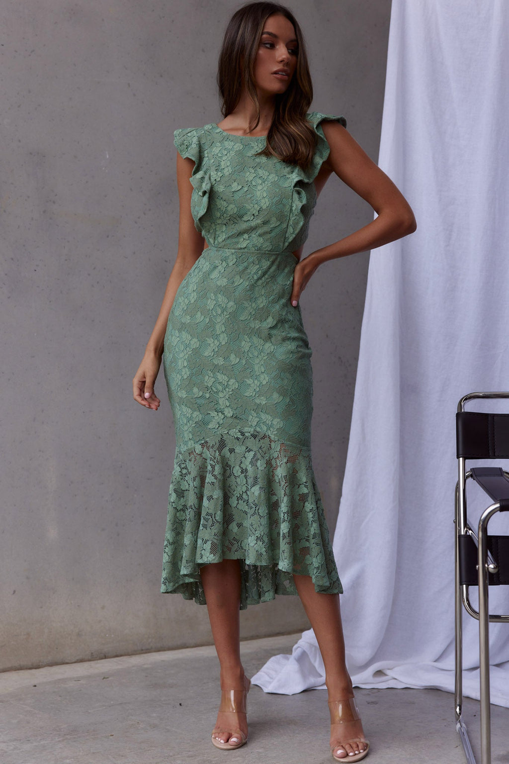 Jackie Pinafore Floral Lace Dress Avocado by Selfie Leslie