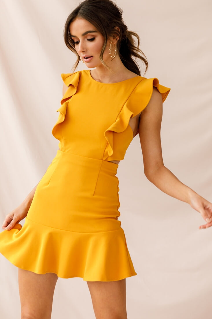 Jackie Wide Ruffle Hem Pinafore Dress Mustard by Selfie Leslie