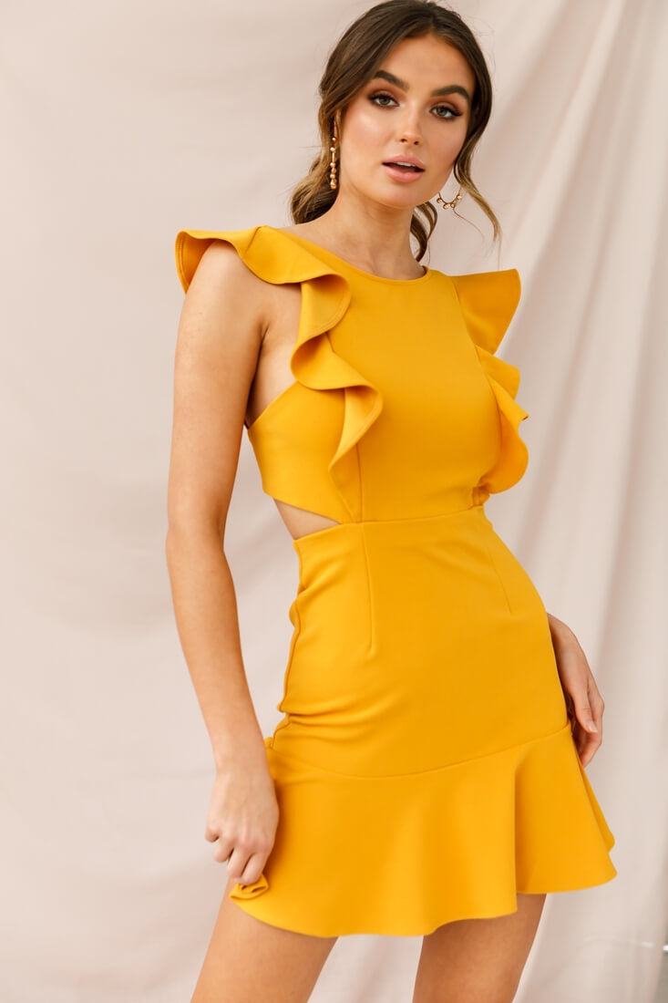 Jackie Wide Ruffle Hem Pinafore Dress Mustard by Selfie Leslie