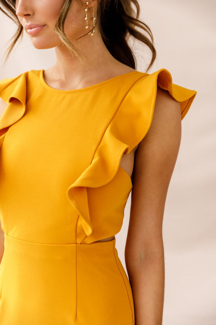 Jackie Wide Ruffle Hem Pinafore Dress Mustard by Selfie Leslie