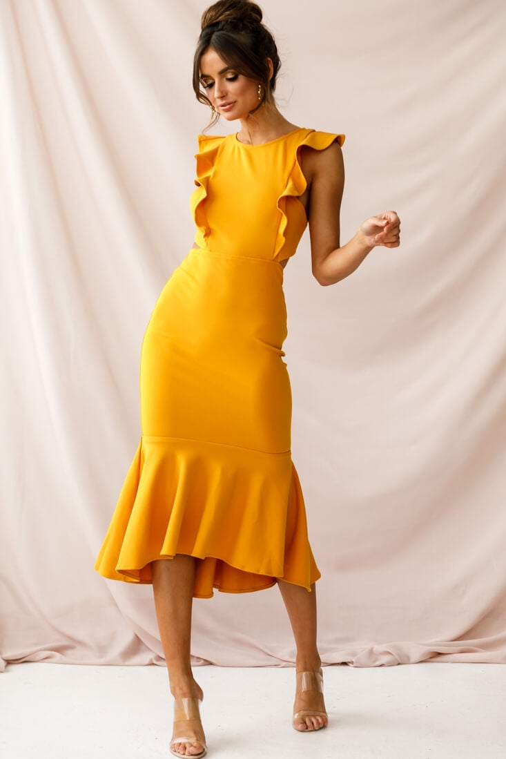 Jackie Wide Ruffle Hem Pinafore Midi Dress Mustard by Selfie Leslie