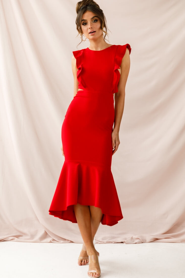 Jackie Wide Ruffle Hem Pinafore Midi Dress Red by Selfie Leslie