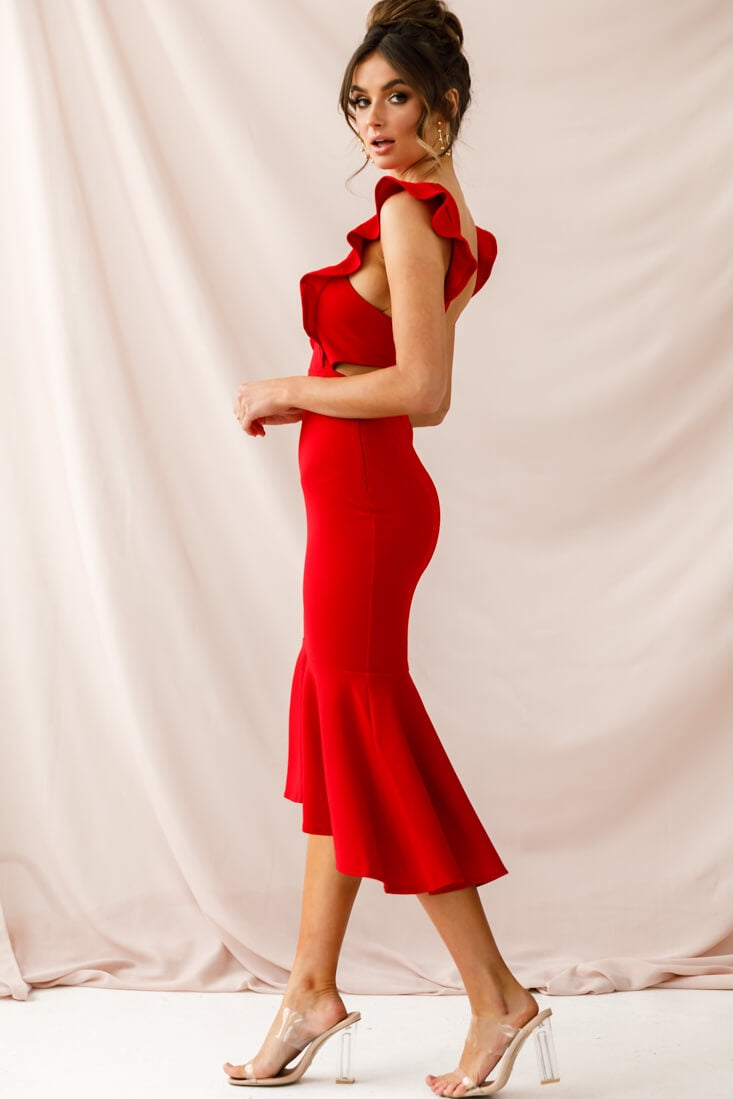 Jackie Wide Ruffle Hem Pinafore Midi Dress Red by Selfie Leslie