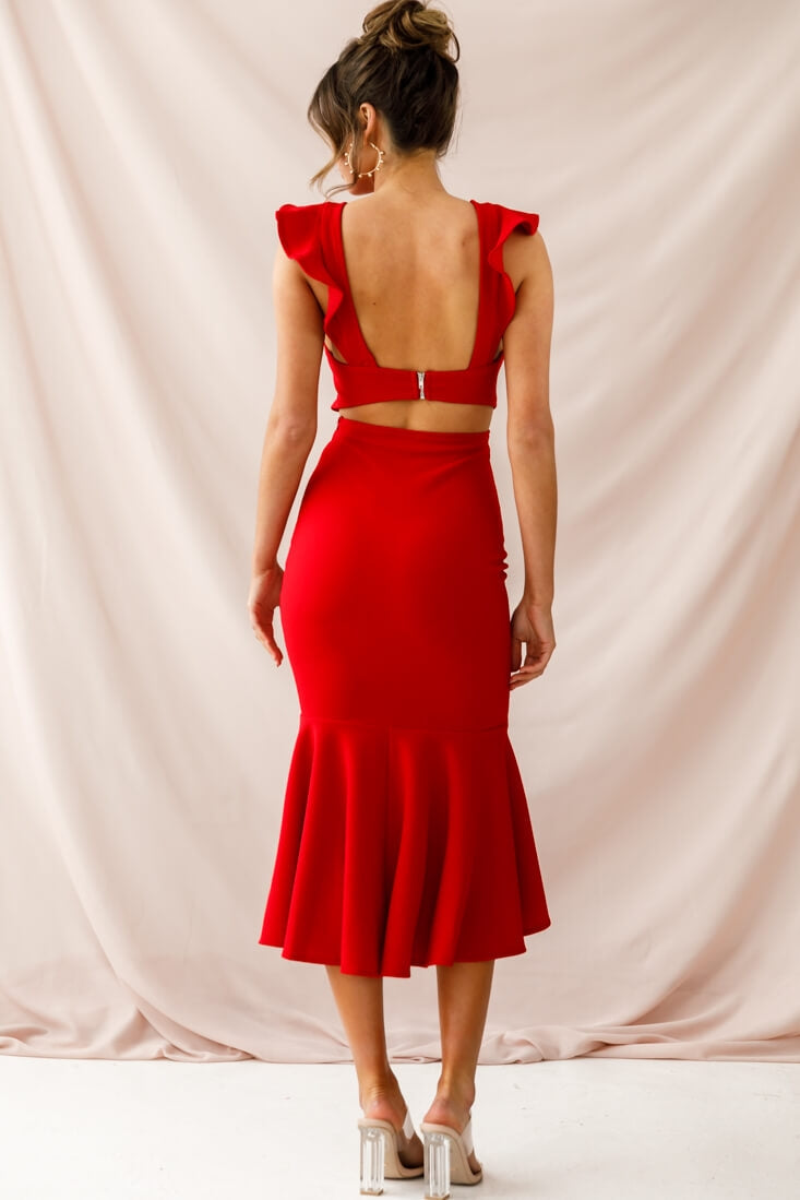 Jackie Wide Ruffle Hem Pinafore Midi Dress Red by Selfie Leslie