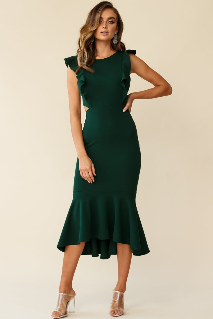 Jackie Wide Ruffle Hem Pinafore Midi Dress Forest Green by Selfie Leslie
