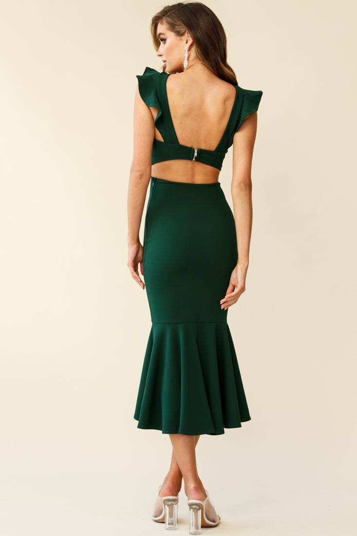 Jackie Wide Ruffle Hem Pinafore Midi Dress Forest Green by Selfie Leslie