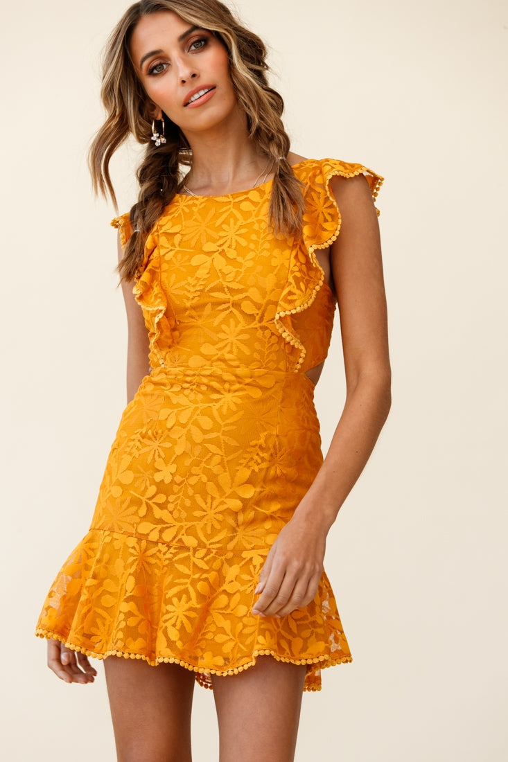 Jackie Pinafore Floral Mesh Dress Mustard by Selfie Leslie