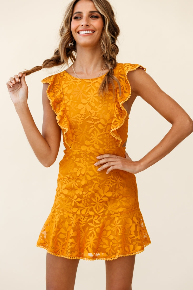 Jackie Pinafore Floral Mesh Dress Mustard by Selfie Leslie