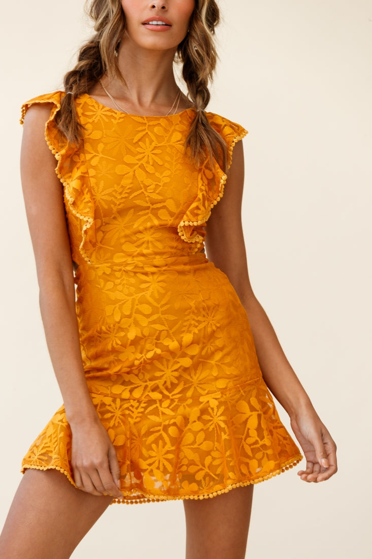 Jackie Pinafore Floral Mesh Dress Mustard by Selfie Leslie