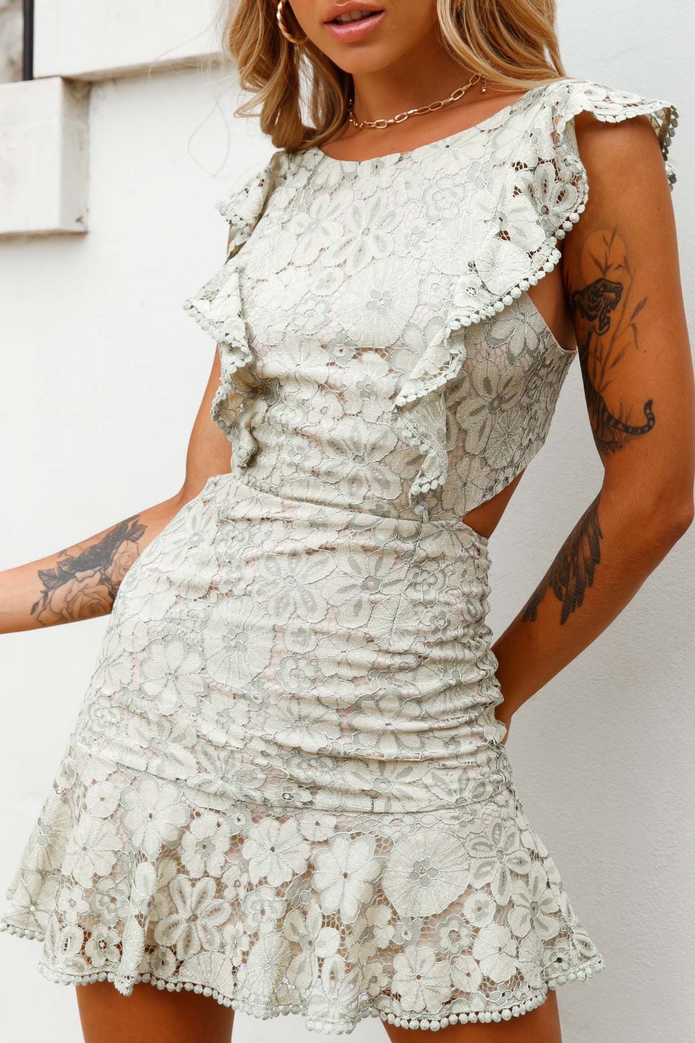 Jackie Pinafore Floral Lace Dress Beige/Olive by Selfie Leslie