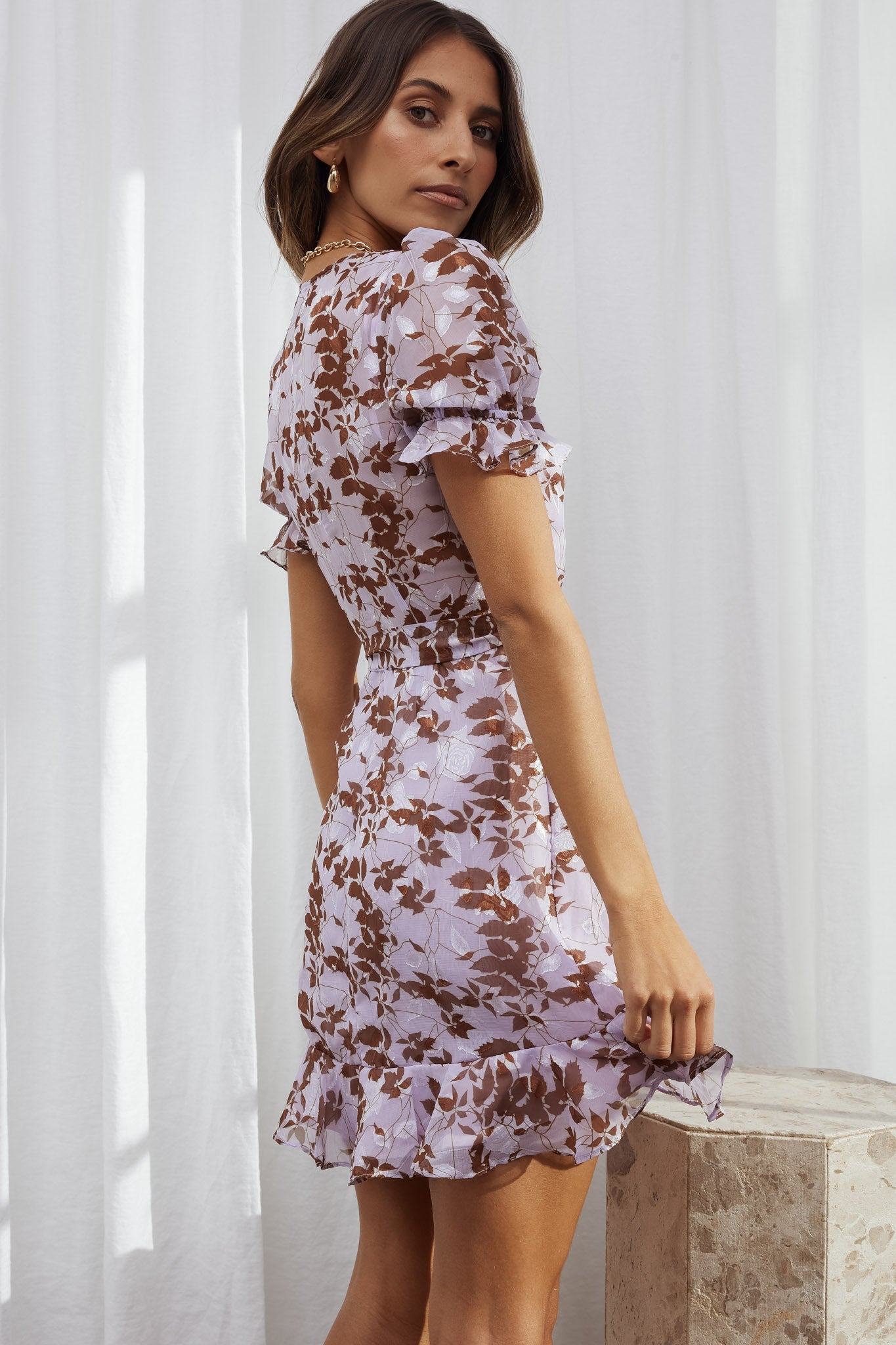 Abigail Wrap Front Puff Sleeve Dress Floral Print Lilac Multi by Selfie Leslie