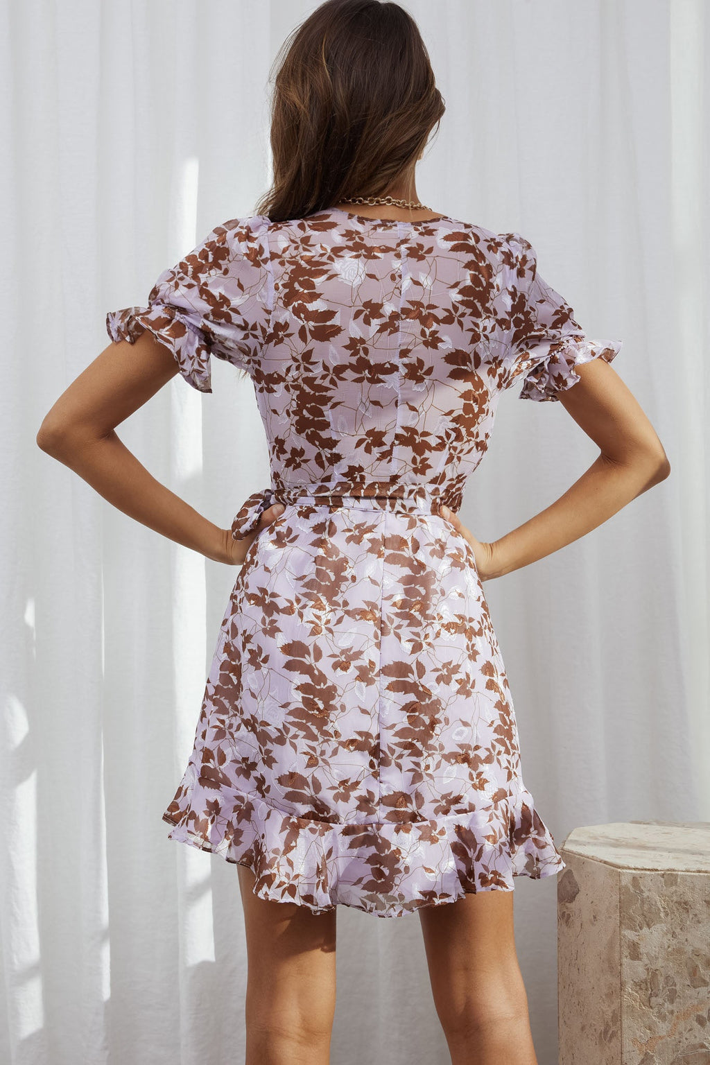 Abigail Wrap Front Puff Sleeve Dress Floral Print Lilac Multi by Selfie Leslie