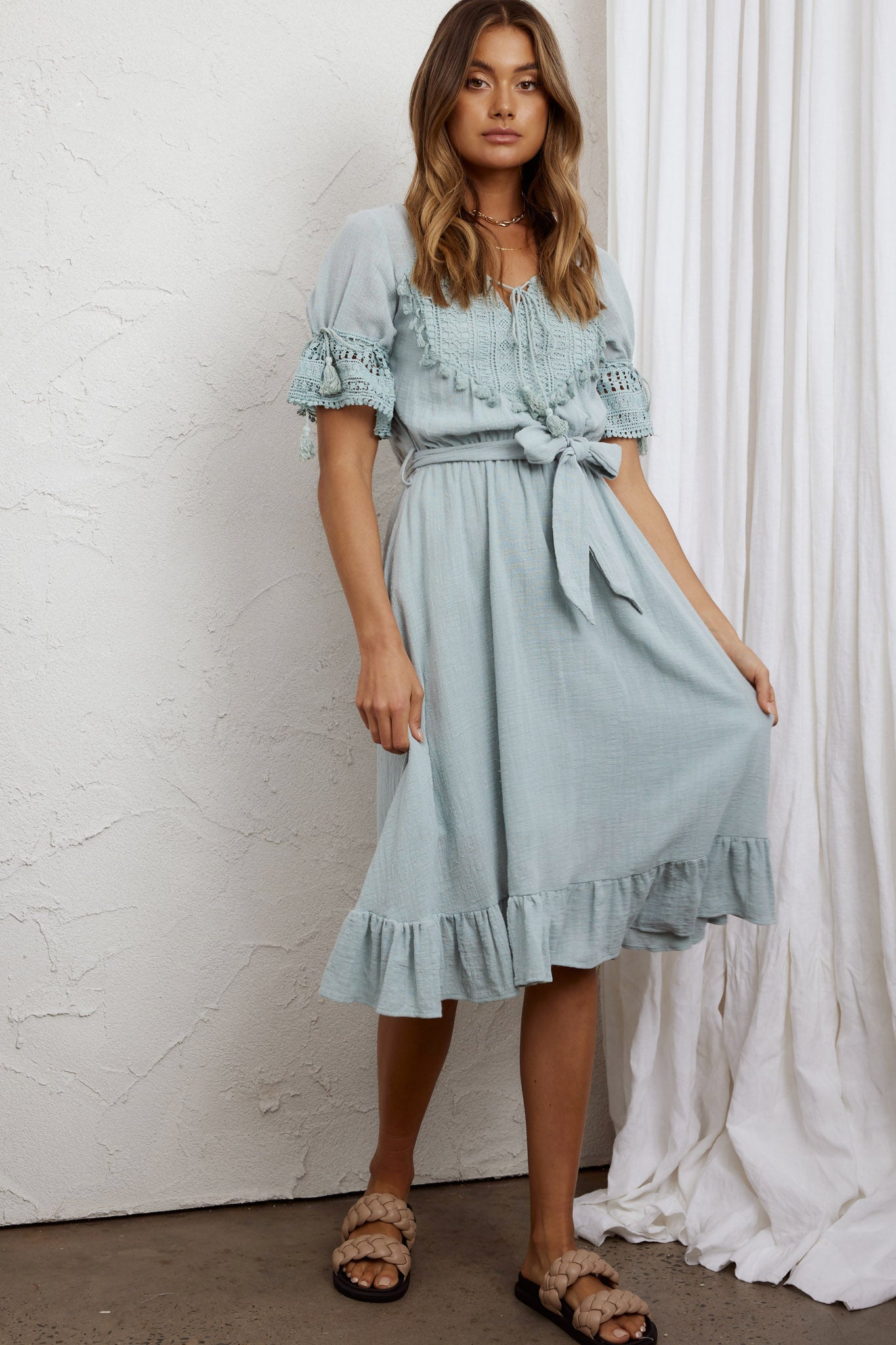 Jada Short Sleeve Crochet Tassel Midi Dress Sage by Selfie Leslie