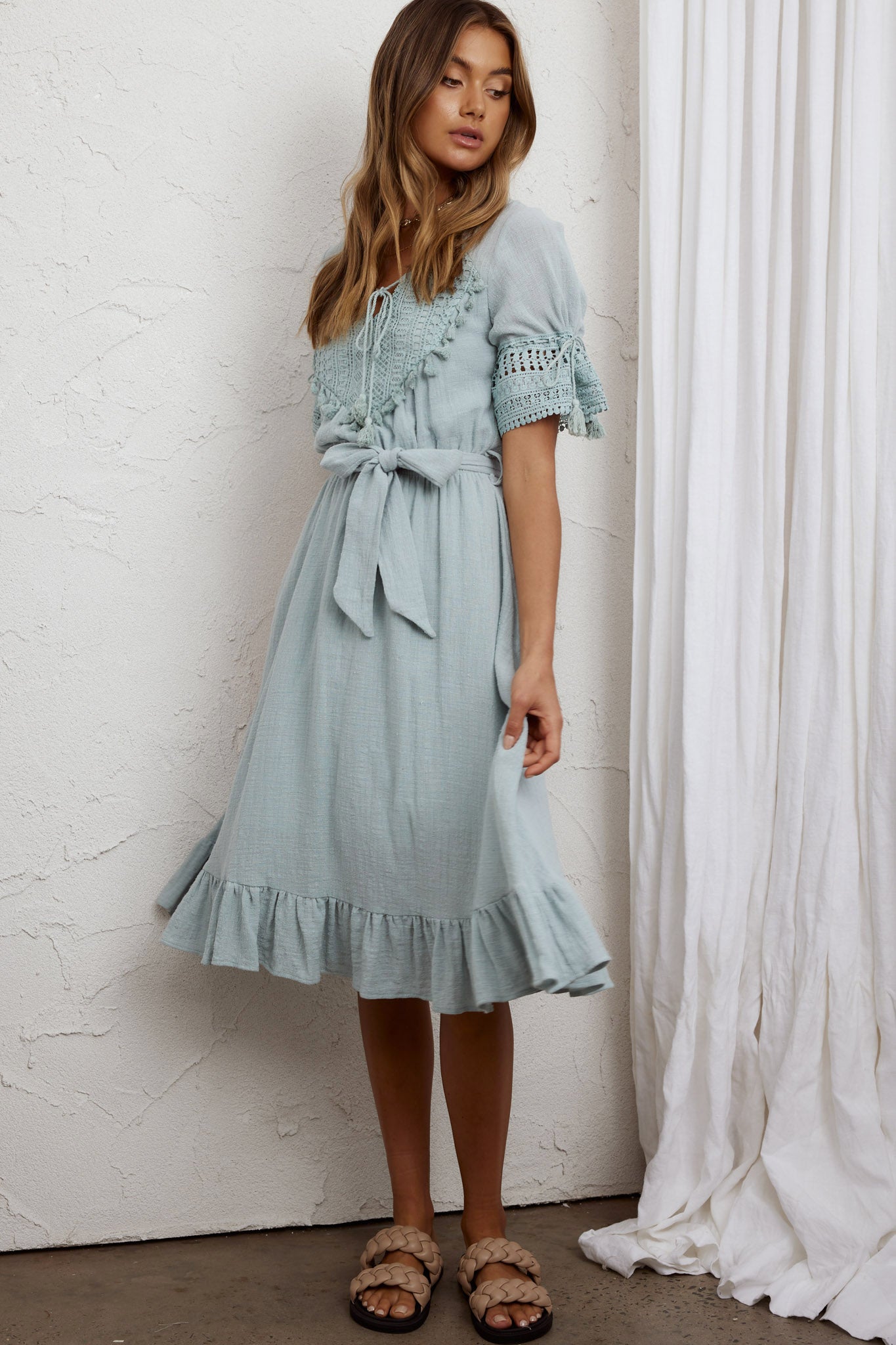 Jada Short Sleeve Crochet Tassel Midi Dress Sage by Selfie Leslie