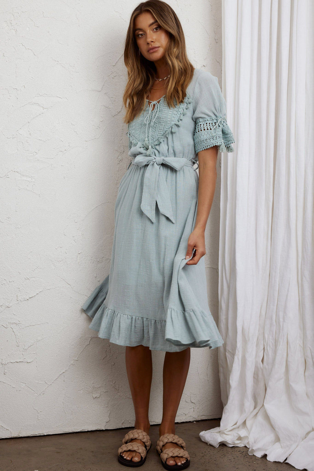 Jada Short Sleeve Crochet Tassel Midi Dress Sage by Selfie Leslie