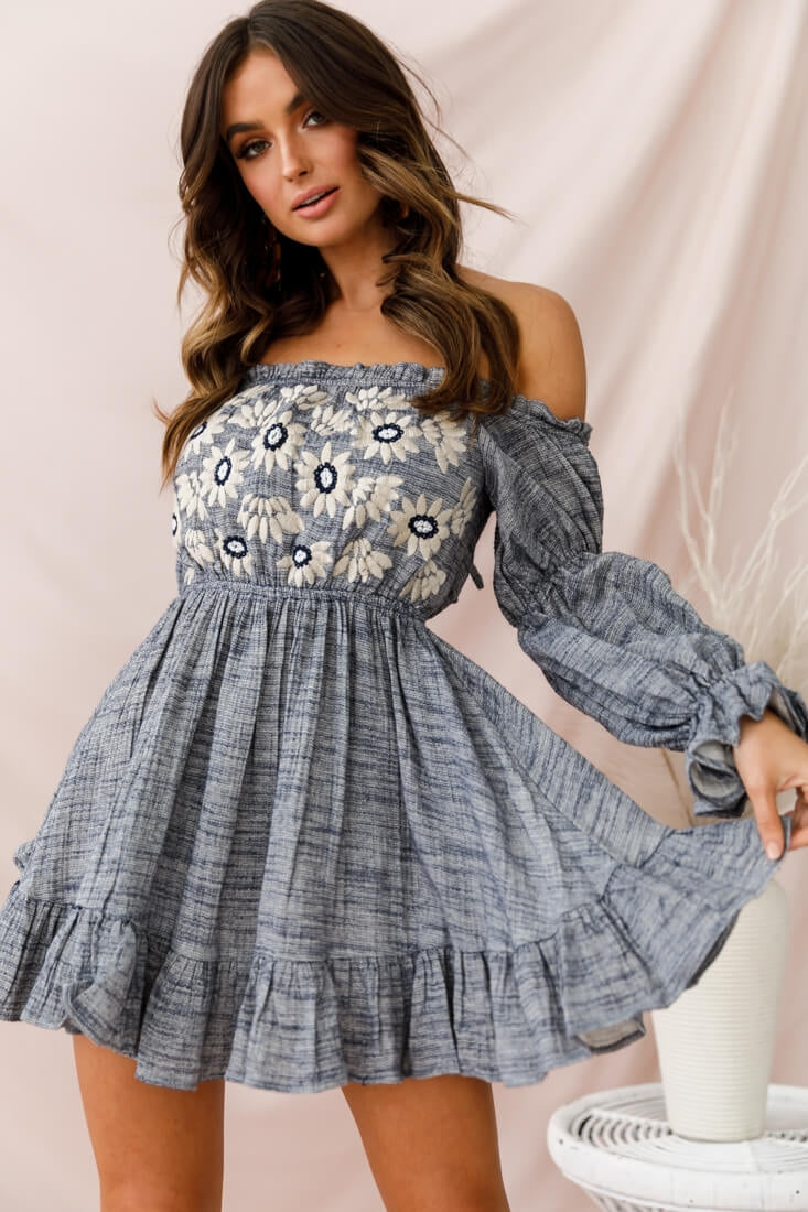 Kayla Off-Shoulder Daisy Embroidered Dress Blue by Selfie Leslie