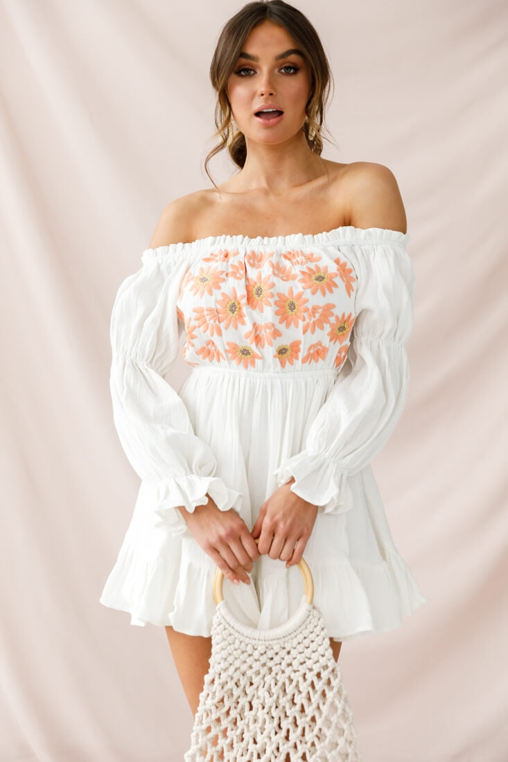 Kayla Off-Shoulder Daisy Embroidered Dress White by Selfie Leslie