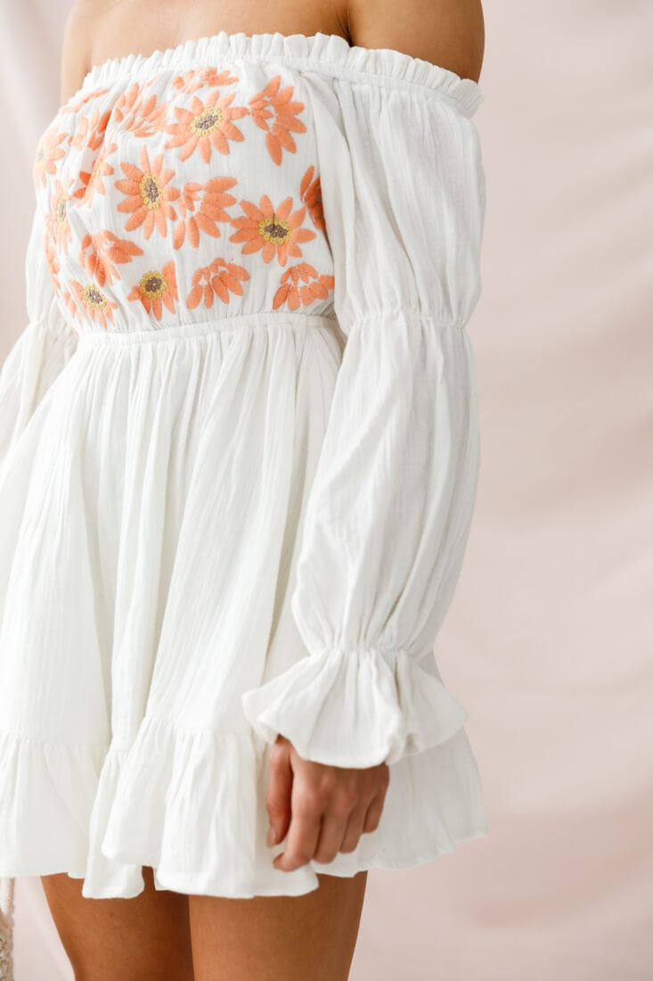 Kayla Off-Shoulder Daisy Embroidered Dress White by Selfie Leslie