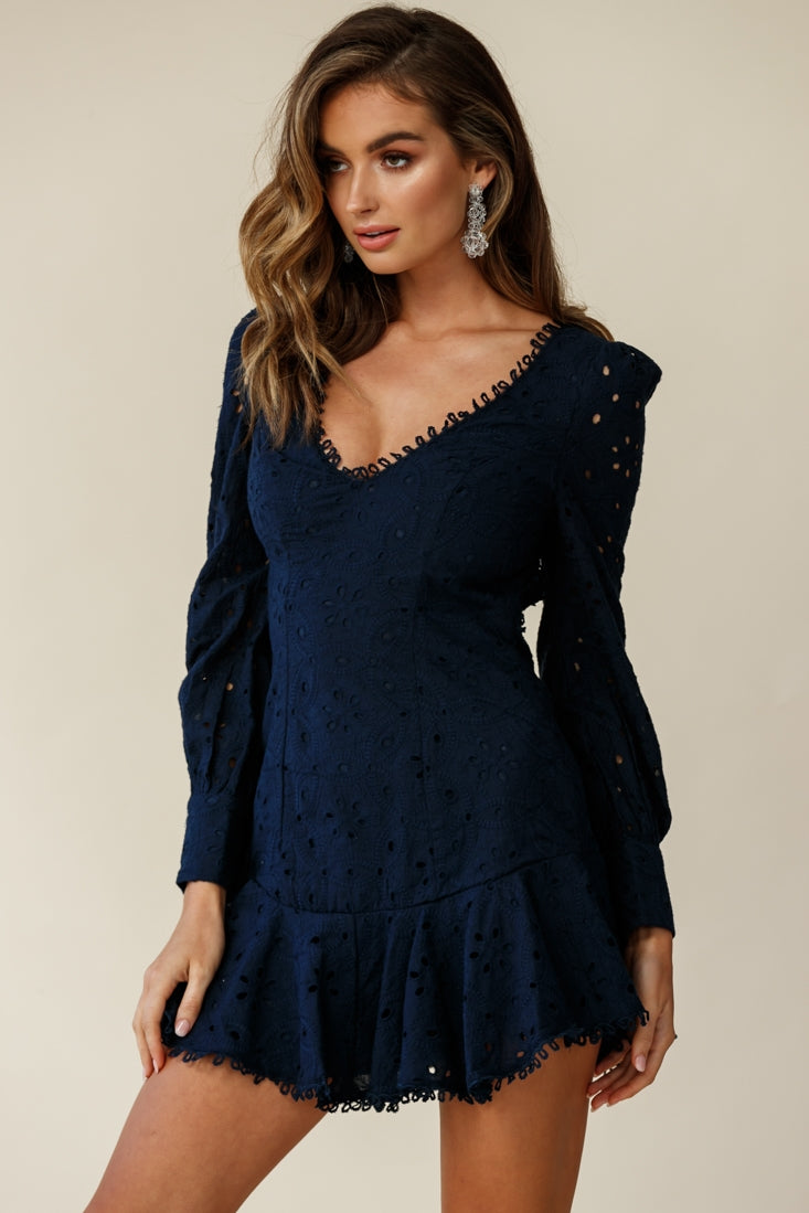 Camellia Open Back Cuff Sleeve Dress Anglaise Navy by Selfie Leslie