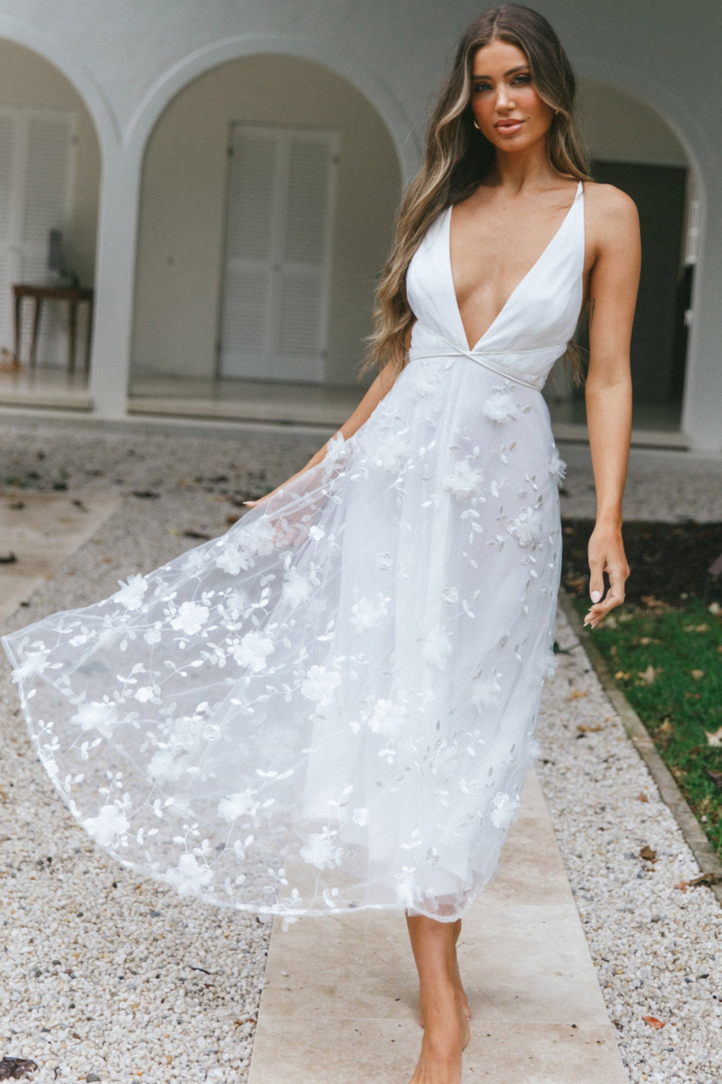 Sheri V-Neckline Embellished Midi Dress White by Selfie Leslie