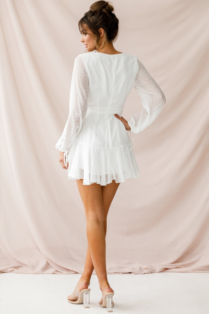 sheri hail spot chiffon dress white Charlee Ruched Mesh Dress Hail Spot White