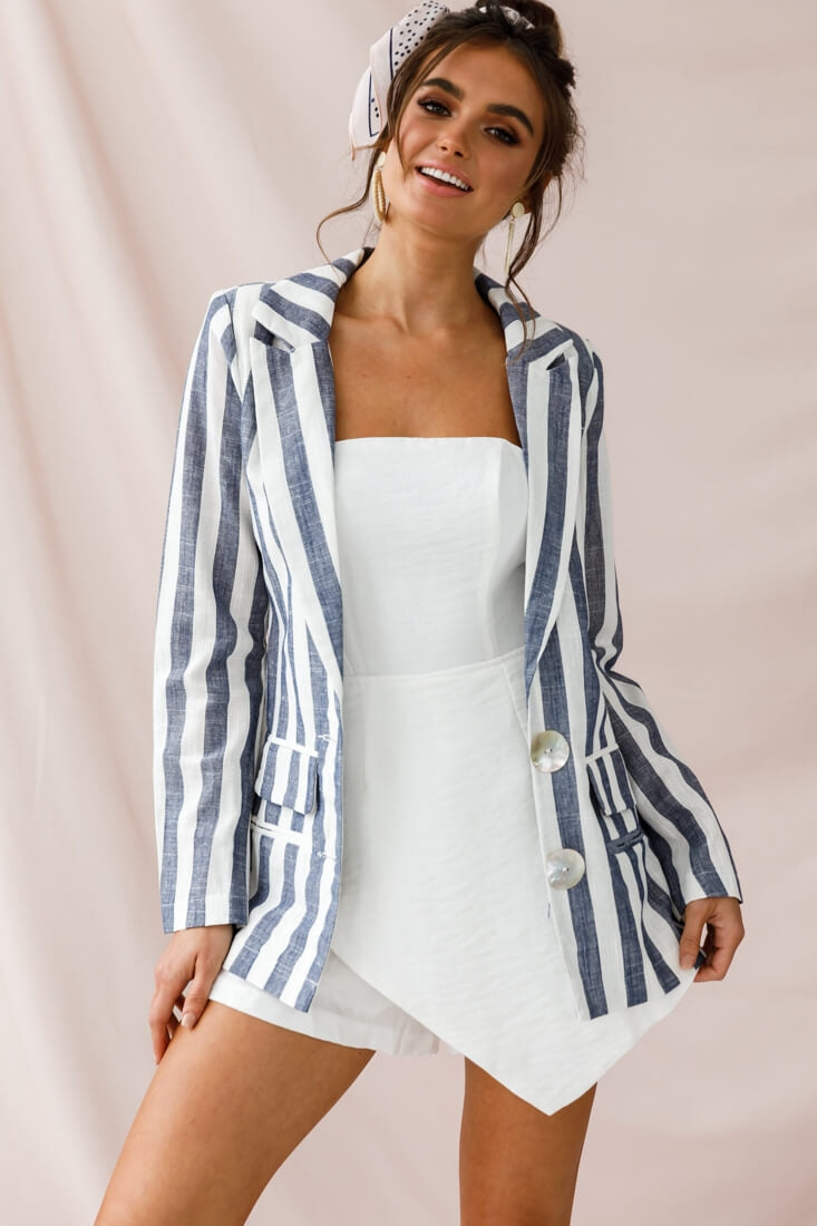 Hamptons Striped Notched Lapel Jacket Blue by Selfie Leslie